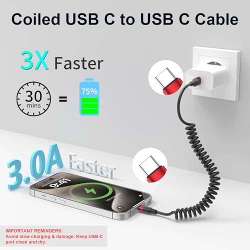 Coiled USB C to USB C Cable, 2 Pack 3FT USBC Car Charger Cord, USBC to USBC Coiled Cable Fast Charging for Carplay, iPhone 17/16/15 Plus/Pro Max, Samsung Galaxy S25 S24 S23, Pixel 10 9 - size: 3ft Usb C-c