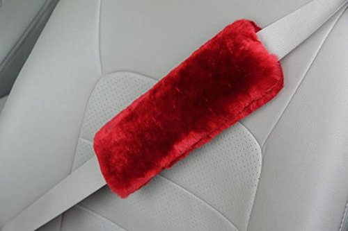 U&M 2 Pack Genuine Sheepskin Auto Seat Belt Cover for Adult Youth Kid Toddlers -Soft Warm Car, Truck, SUV, Camera Backpack Strap Shoulder Pad Wool Fluffy - color: red