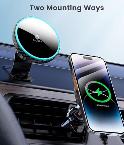 MOKPR for Magnetic Car Mount Charger-15W Wireless Car Charger-Magnetic Car Phone Holder for Dash Air Vent-LED RGB HandsFree Car Mount Fast Car Charger for iPhone 14/13/12 Series Carbon Fiber - color: Carbon Fiber