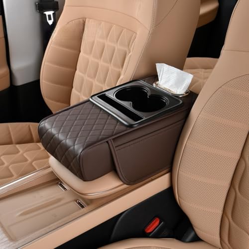 Car Center Console Pad Leather Armrest Pad w/Cup Holder, Tissue Box Slot, Side Bag, Phone Slot for Car Sedans (Quilted, Coffee) - color: Coffee, style: Quilted