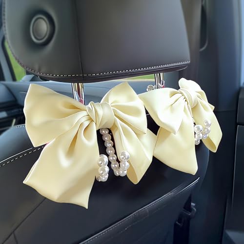 2 PCS Bow Pearl Car Seat Headrest Hook – Cute Purse Hook for Car, Girly Interior Decoration Accessories Hook Hanger, Seatback Holder for Purses & Bags, Elegant Car Organizer (Pearl White) - color: Pearl White
