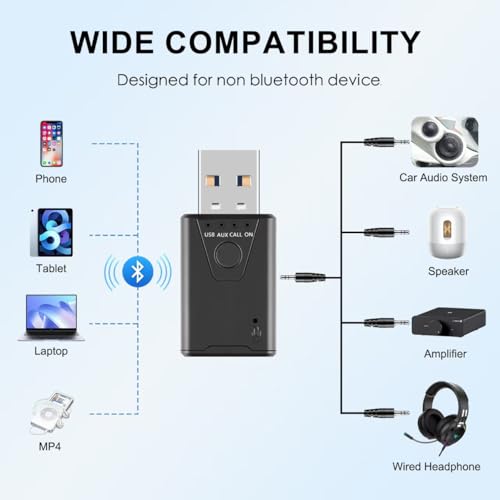Bluetooth V5.4 Car Adapter, Bluetooth USB Receiver, Wireless Audio Receiver with 3.5mm Audio Jack Built-in Mic Support Handsfree Calling and Music Streaming for Home Stereo, Car Speaker