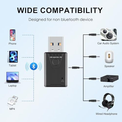 Bluetooth V5.4 Car Adapter, Bluetooth USB Receiver, Wireless Audio Receiver with 3.5mm Audio Jack Built-in Mic Support Handsfree Calling and Music Streaming for Home Stereo, Car Speaker
