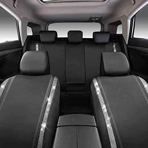 CAR PASS Bling Diamond Car Seat Covers Full Set, Shining Rhinestone Waterproof Faux Leather, Rear with Zipper, Universal Fit Automotive Glitter Crystal Sparkle Strips for Cute Women Girl, Silver - color: Black Diamond And Silver, size: Full Set