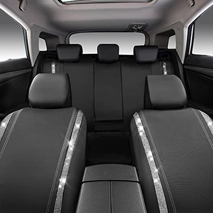 CAR PASS Bling Diamond Car Seat Covers Full Set, Shining Rhinestone Waterproof Faux Leather, Rear with Zipper, Universal Fit Automotive Glitter Crystal Sparkle Strips for Cute Women Girl, Silver - color: Black Diamond And Silver, size: Full Set