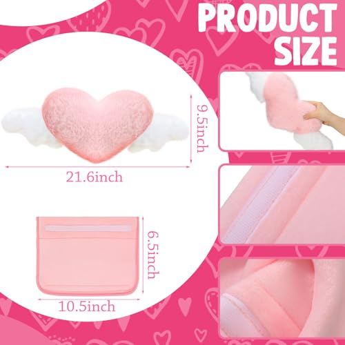 Fanfanwin 4 Pcs Car Accessories Set Include 2 Pcs Pink Heart Shaped Car Headrest Pillow with Angel Wings2 Pcs Pink Faux Fur Universal Seatbelt Cover Kawaii Soft Neck Rest Cushion for Truck SUV Decor