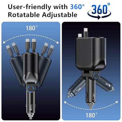 OHLPRO Retractable Car Charger Cigarette Lighter Adapter, 168W 5 in 1 Fast Phone Charging Built-in Replaceable Fuse, Socket Splitter with USB C and USB C Cord, Fit for Phone iPad Galaxy GPS, Grey - size: USB-C+USB-C
