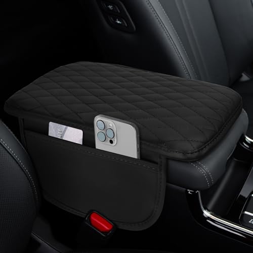 Car Center Console Cover, 12"×7.87" Waterproof Leather Auto Armrest Cover Protector with 2 Pocket, Comfortable Arm Rest Box Cushion Pad, Universal Interior Car Accessories (Black) - color: Black