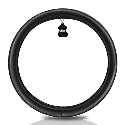 Haokay Heavy Duty Pure Cowhide Steering Wheel Cover, Black Genuine Leather Steering Wheel Cover Men Women Universal 14.5 to 15 Inch - color: BLACK-1