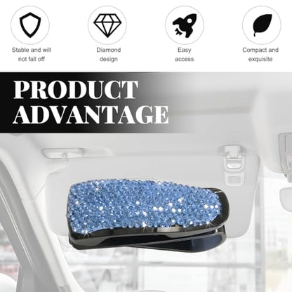 Wevdn 2 PCS Car Sun Visor Glasses Holder, Fashion Bling Car Eyeglasses Sunglasses Hanger for Women Girls, Glasses Holder Clip Hanger Mount with Ticket Card Clip, Car Accessories (Light Blue) - color: Light Blue