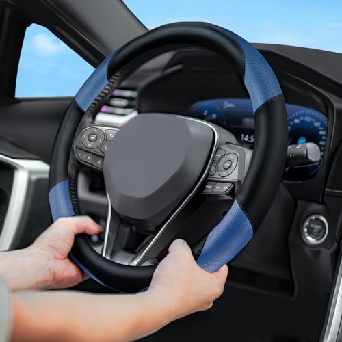 Soft Leather Steering Wheel Cover with Breathable Design and Anti-Slip Grip, Fully Compatible with Tesla, Toyota, Honda, Nissan 14.5-15.2 inch Round Steering Wheel（Sedans and SUVs） - color: DOUBLE-BLUE