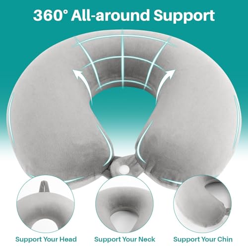 RAINFLOW Neck Pillow for Airplane Sleeping – Memory Foam Travel Pillow with Neck & Head Support, U-Shaped Design for Long Flights, Portable Adult Neck Support Pillow with Washable Cover (Grey)