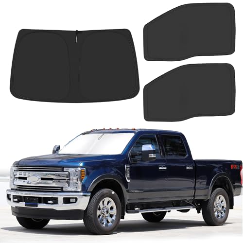 Front Windshield ＆ Side Window Sun Shade for 2017-2022 Fo-rd F250 F350 Super Duty 2Dr 4Dr Pickup, Foldable Window Sunshade Sun Visor Protector, Window Shades Blocks UV Rays Heat, Pack of 3 - size: Silver & Black-Fit 2017-2022 Ford F250 F350