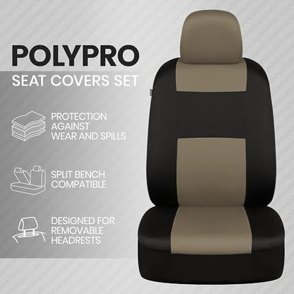 BDK PolyPro 2-Pack Front Car Seat Covers Set in Beige/Black - Front Seat Covers for Cars Trucks Vans SUVs Sedans, Easy to Install Front Car Seat Cover Protection, Universal Fit Car Accessories - color: Beige