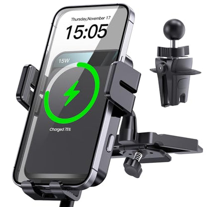 Wireless Car Charger, MOKPR Auto-Clamping Car Mount 15W/10W/7.5W Fast Charging CD Slot Air Vent Car Phone Mount Fit for iPhone 16 15/14/13/13 Pro/12 Pro Max/12 pro/12/11 Series, Samsung Galaxy Series - color: Dark Gray