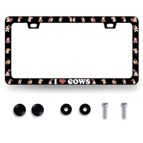 Cow License Plate Frame Cute I Love Cows License Plate Holder for Personalized Colorful Animal Car Decorative Stainless Steel Funny License Plate Cows Auto Part with Screws 12.2" x6.2" - color: Cute Cow I Love Cows 01