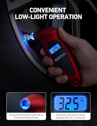 AstroAI Digital Tire Pressure Gauge 0-150PSI Calibrated to ANSI B40.7 +/-1PSI, Accurate in 0.1 Increments, Tire Repair Tools 4 Pressure Measurements for Car Truck with Backlight LCD, Red - color: Red