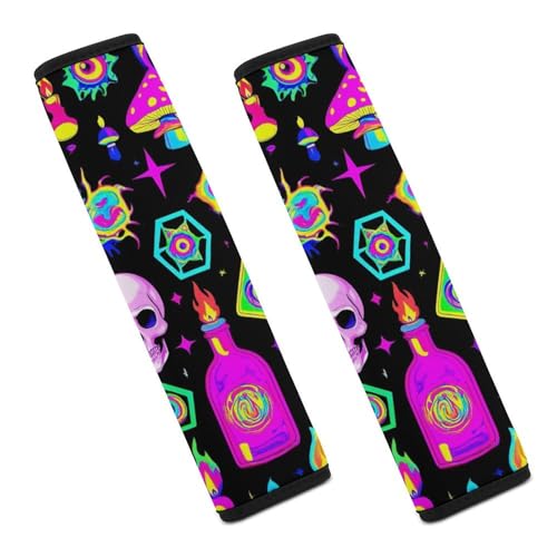 Fashion 2PCS Car Belt Covers, Goth Gothic Skull Mushroom Magic Witch Witchy Protect Your Shoulders Car Safety Seat Belt Strap - color: Color845