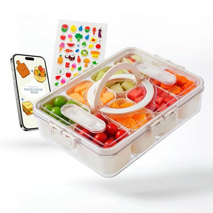 Travel Snack Container for Kids – Snackle Box with 8 Removable Compartments, Utensils and Recipe QR – Snack Box for Road Trips, Beach, Picnic and School Lunch