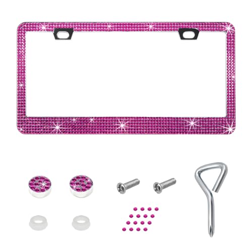 Bling License Plate Frame, Sparkly Bedazzled Auto Tag Holder with Mounting Kit, Handcrafted Crystal Stainless Steel Licence Plate Cover for Women Girls, Car Accessories (Pink) - color: Pink