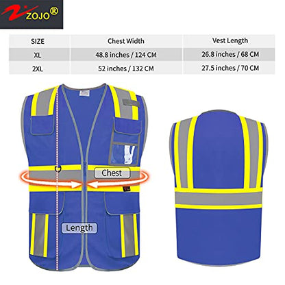 zojo High Visibility Safety Vest, 5PCS,Reflective with Multi-Functional Pockets and Zipper,for Men Women work(Blue-Strip) - color: Blue-strip