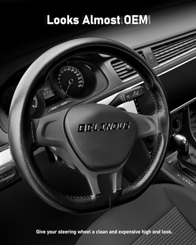 BELINOUS Leather Steering Wheel Cover Lace Up, Stitch on Steering Wheel Wrap, Universal Fit 13-20 Inch Car Truck Pickup Boat, A Whole Piece of Cowhide, DIY w/Needle Thread (Size M5, Black) - color: Black, size: M5