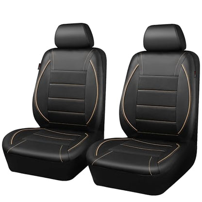 CAR PASS Universal FIT Piping Leather Two Front Seat Covers, Waterproof Faux Leather for SUV Sedan Van Truck, Airbag Compatible,Reserved Opening Holes for Headrest Covers. (Black and Beige) - color: Black Beige
