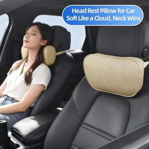 Car Neck Pillow for Headrest, 2 Pack PU Leather Car Headrest Pillow for Neck Support, Super Soft Ergonomic Du-Pont Bio Cotton Travel Pillow with Adjustable Strap (Beige, Shaped Style) - color: Beige1