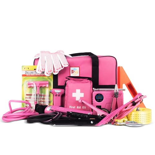 Car Emergency Kit with Air Compressor, Jumper Cables, First Aid, Tow Strap, Tire Gauge, Headlamp – Roadside Safety Kit for Women, Men, Teens (Pink) - color: Pink