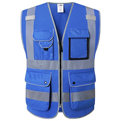 JKSafety 9 Pockets High Visibility Zipper Front Safety Vest With Reflective Strips Meets ANSI/ISEA Standard (150Blue-M) - color: Blue, size: Medium