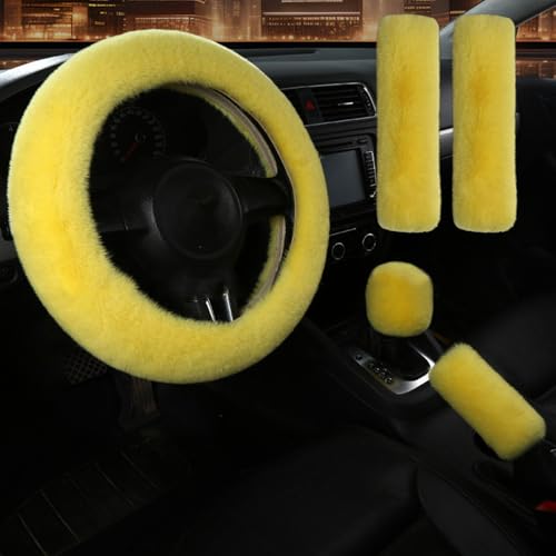 Pinbola 5pcs in 1 Set Faux Wool Steering Wheel Cover Soft Fluffy Handbrake Cover & Gear Shift Cover & 2pcs Seat Belt Shoulder Pads Warm Universal Fit for 15 Inch (Yellow) - color: Yellow