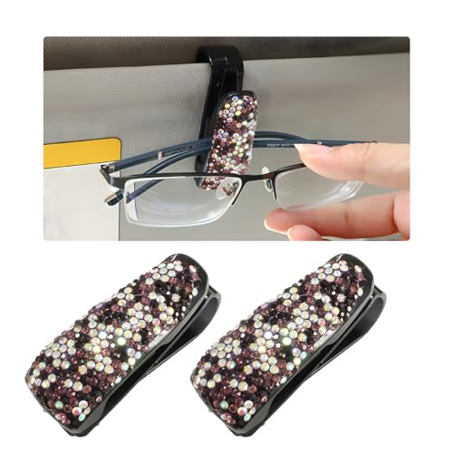 Wevdn 2 PCS Car Sun Visor Glasses Holder, Fashion Bling Car Eyeglasses Sunglasses Hanger for Women Girls, Glasses Holder Clip Hanger Mount with Ticket Card Clip, Car Accessories (Purple Colorful) - color: Purple Colorful