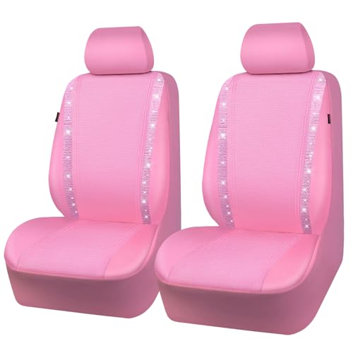 CAR PASS Bling Diamond Car Seat Covers, Shining Rhinestone Waterproof Faux Leather Pink Car Accessories Two Front Only Universal Fit Auto Glitter Crystal Sparkle Strips for Cute Women Girl, Pink - color: Pink leather, size: Two Front Seats
