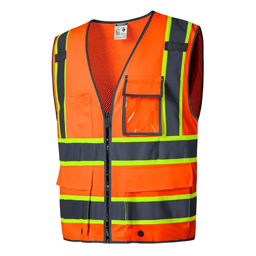 SKSAFETY 10 Pockets Safety Vest, Class 2 High Visibility Security with Zipper Back Mesh, Hi Vis Vest with Reflective Strips, ANSI/ISEA Standard, Construction Work Vest for Men ＆ Women （Orange, 2XL） - color: Orange 01, size: XX-Large