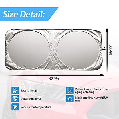 Foldable Windshield Sun Shade, Bonus Steering Wheel Sun Shield to Block UV Rays Keep Your Vehicle Cooler, Easy to Use Car Interior Accessories (X-Large) - size: 63"x35.4"/1PCS