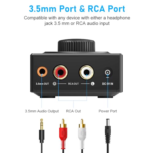 YMOO B06T3 Bluetooth 5.3 Receiver, 100ft RCA Bluetooth Audio Adapter for 3.5mm Jack AUX HiFi Home Stereo/Speaker from Smartphone/Tablet/Laptop, Dual Link for Two Speakers, SBC AAC Audio - color: Black