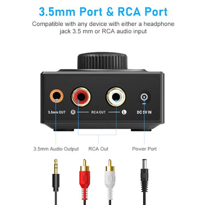 YMOO B06T3 Bluetooth 5.3 Receiver, 100ft RCA Bluetooth Audio Adapter for 3.5mm Jack AUX HiFi Home Stereo/Speaker from Smartphone/Tablet/Laptop, Dual Link for Two Speakers, SBC AAC Audio - color: Black