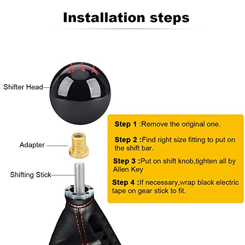 5 Speed Car Racing Gear Shift Shifter Knob, Resin Polished Round Ball Shift Knob with 3 Adapters Compatible with Manual Car (Black 5) - color: 5 Speed(Black)