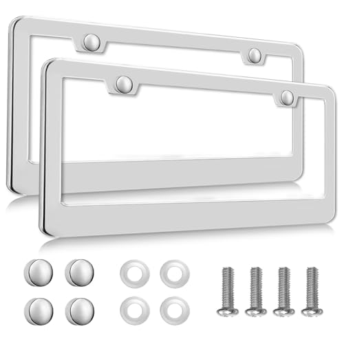 2 Pack Silver License Plate Frames, 2 Holes Rust-Proof Chrome License Plate Holder, Lengnoy Universal Car Stainless Steel Polish Mirror License Plate Cover for Women Man with Screws Caps - color: Silver