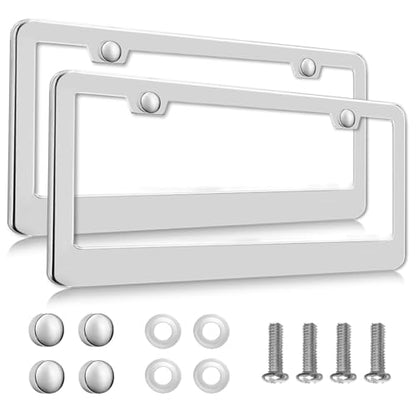 2 Pack Silver License Plate Frames, 2 Holes Rust-Proof Chrome License Plate Holder, Lengnoy Universal Car Stainless Steel Polish Mirror License Plate Cover for Women Man with Screws Caps - color: Silver