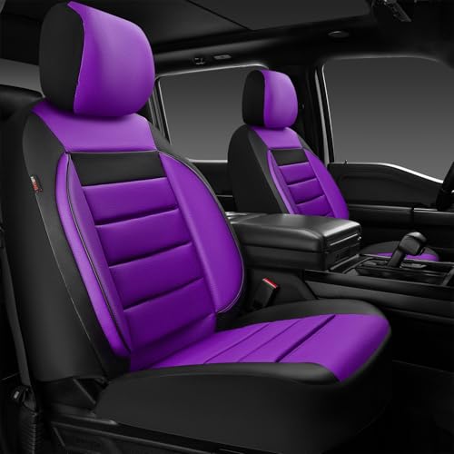 CAR PASS Leather Car Seat Covers Front Seats Only, Universal Fit 3D Foam Support Car Seat Covers for Trucks Vans SUVs Comfortable Automotive Interior Airbag Compatible 2 Pieces (Black Purple - color: Purple Front