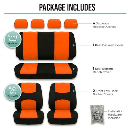 FH Group Car Seat Covers Full Set Cloth - Universal Fit Automotive Seat Covers, Low Back Front Seat Covers, Solid Back Seat Cover, Washable Car Seat Cover for SUV, Sedan and Van Orange - color: Orange, style: Seat Cover Full Set