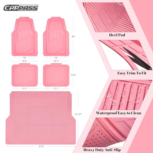 CAR PASS Heavy Duty Rubber Floor Mats Pink Car Mats Full Set with Trunk Cargo Liner - Universal Waterproof Floor Mats for Car SUV Truck, Durable All Weather Liner Mats Automotive Women (All Pink) - color: All Pink Cargo Liner