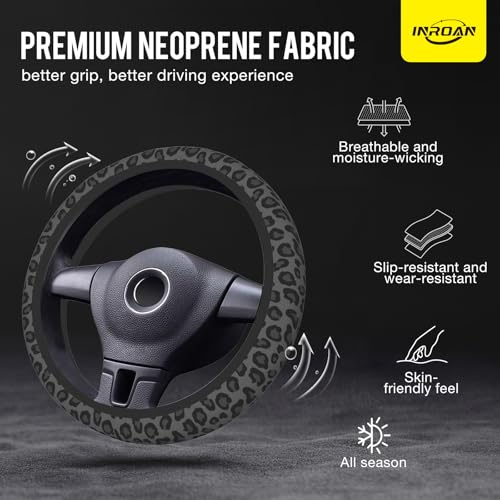 Black Leopard Print Steering Wheel Cover for Women, Universal Fit 14.5-15 Inch with Non-Slip Grip and Thermal Control, Includes 2 Ceramic Absorbent Cup Coasters, Compatible with Cars, SUVs, Trucks.
