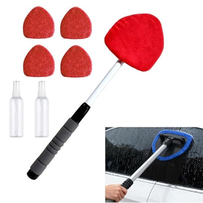 Longer Extendable Windshield Cleaning Tool,Car Window Cleaner Windshield Cleaner and Washable Microfiber Pads with 4 Reusable and 2 pcs Spray Bottles for Car and Home Window (Red) - color: Red
