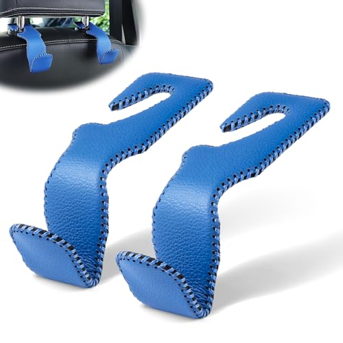 LivTee Blue Superior Leather Car Seat Back Headrest Hook, Auto Seat Hook Hangers Interior Accessories for Purse Coats Umbrellas Grocery Bags Handbag, 2-Pack - color: Blue