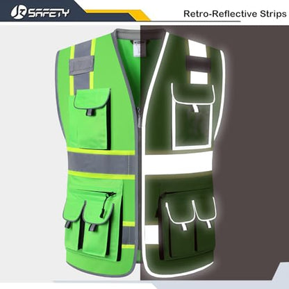 JKSafety 10 Pockets Hi-Vis Zipper Front Fluorescent Green Safety Vest | Cushioned Collar | High Reflective Tapes with Extended Neon Yellow Strips | Meets ANSI/ISEA Standards (Medium, 89-Green) - color: Greent1s1, size: Medium