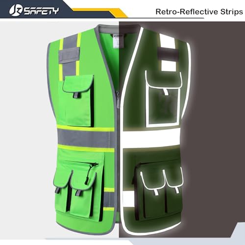 JKSafety 10 Pockets Hi-Vis Zipper Front Fluorescent Green Safety Vest | Cushioned Collar | High Reflective Tapes with Extended Neon Yellow Strips | Meets ANSI/ISEA Standards (Large, 89-Green) - color: Greent1s1, size: Large