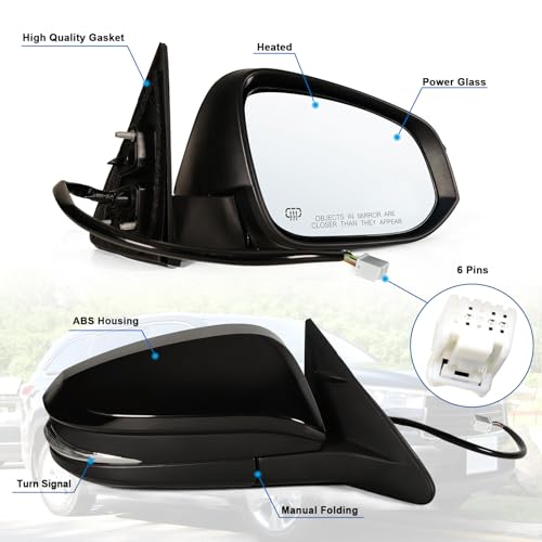 Right Passenger side Mirror Fits 2014-2019 Toyota Highlander With Power Glass, Heated,Turn Signal and Manual Folding,Without Blind Spot Match Black Replace 87910-0E140(6Pins) - color: Black, size: 6Pins-Right