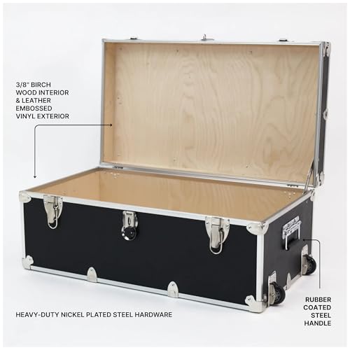 Rhino Trunk & Case Large Essential Trunk With Wheels 32”x18”x14”, 1000+ lbs Capacity - Many Colors. Strong, USA Made Summer Camp Footlocker, and Secure College Dorm Storage Chest - color: Black